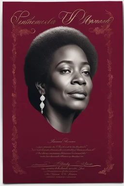 An extremely formal, funeral program written in French for a woman (include a front photograph of a beautiful lightly tanned elderly biracial black woman) on darkest red deeply pigmented velvet paper with brilliant, brightest heavy bright shining platinum calligraphy fonts, simple, minimalistic, less element, very dramatic lighting, brilliant colors, detailed,