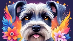 A detailed illustration face (schnauzer dog), fire, t-shirt design, flowers splash, t-shirt design, in the style of Studio Ghibli, pastel tetradic colors, 3D vector art, cute and quirky, fantasy art, watercolor effect, bokeh, Adobe Illustrator, hand-drawn, digital painting, low-poly, soft lighting, bird's-eye view, isometric style, retro aesthetic, focused on the character, 4K resolution, photorealistic rendering, using Cinema 4D