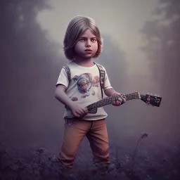 Mystery Kurt cobain toddler, full body, guitar, dramatique, art background, dramatic lighting, volumetric lighting, hyperrealisme, 8k, high quality, lot of details, fit within portrait, hyper realistic, unreal engine 5, uhd