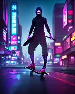 photo of a ninja riding a skateboard; in an alternate universe in tokyo; cyberpunk; realistic; rain; neon signs