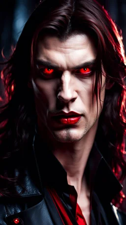 handsome evil male vampire with long brown hair and red eyes