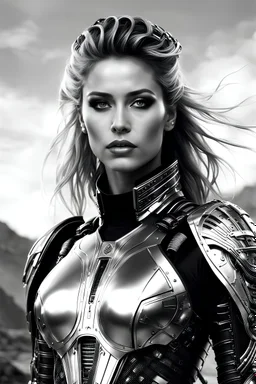 Generate an 8k image of a futuristic Hollywood superstar with android features, inspired by Luis Royo's art, wearing a metallic exosuit.In black and white,