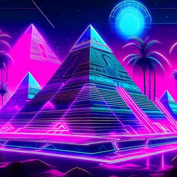 oracle sphinx , vaporwave pictures style, with neon lights and the pyramids far away