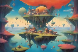 An abstract, dream-like scene with floating islands, impossible structures, and vibrant colors, style of Surrealism. dream-like and bizarre, often blending reality and fantasy. By Hayao Miyazaki