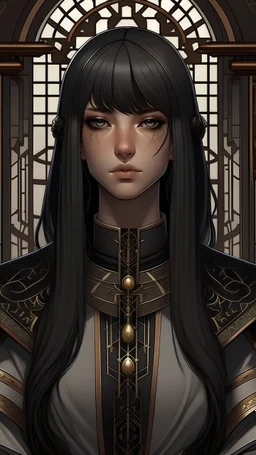 Realistic brutalist anime art style. Lyari is the Vicereine of Auris. She has long and dark brown asymmetrical haircut. A jaw-dropping monarchical beauty.