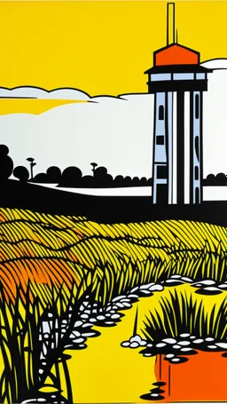 An orange colored marshland near an iron fortress painted by Roy Lichtenstein