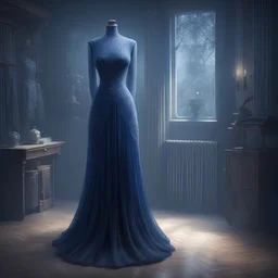 A tailor's dummy with a tight-fitting Midnight Blue long dress. Illustrative art, art interpretation, concept art, cgsociety contest winner, seasonal art, seasonal art HD, 4k, 8k, intricate, detailed, intricately detailed, glowing, translucent fantasy crystal, holographic data, soft body, shadow play, light, fog, atmospheric, cinematic, Light film, hyper-detailed, hyper-realistic, masterpiece, atmospheric, high resolution, 8k, HDR, 500px, mysterious and ornate digital art, photic, intricate, fan