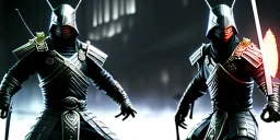 "In a bustling, futuristic city, a lone ninja stands ready to defend against a fierce samurai warrior. The ninja is equipped with advanced robot tools, including a sleek, metallic armor suit and a pair of high-tech katanas with glowing energy blades. As the samurai charges forward, the ninja expertly dodges and parries each strike, using their robot tools to gain the upper hand in the intense battle. The samurai's traditional armor and weapons seem no match for the ninja's advanced technology, a