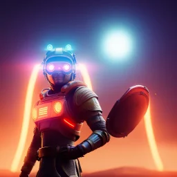 portrait, eternal samurai fusion space suit, floating in space, sun burning bright in background, neon light, 8k, 3d, blender