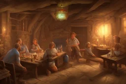 4 Adventurers Resting in tavern beds, fantasy, high detail, light rays, hearth fire