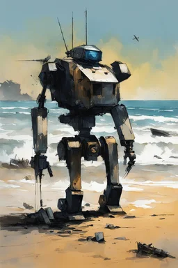 [Alex Maleev] Abandoned war robot wreckage on the beach, kids are approaching it from the beach in a small barque