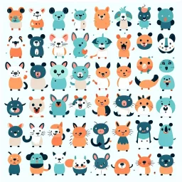 Icons, set of icons, animal world, animals, various poses and movements, various emotions. Joy, Anger, Sadness, Happiness, Cute and cartoonish, Reversible, Crisp facial details, Simple, Minimalist, abstract