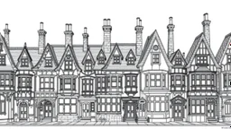 A highly detailed front elevation line drawing of a row of crooked fantasy houses, with twisted tall chimneys, rooms and floors added to sides and roofs, like Harry Potter's Diagon Alley.
