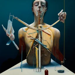 Abstract painting formed by a mix of human flesh-like surgical instruments and universe-like musical instruments,neuralink,minimalism,Painting By Adrian Ghenie, Rene Magritte, Salvador Dali, Lucian Freud