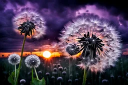 dark purple Sunset with big black Dandelions, , high textures, surreal, weird, white-black colors, silver rain, sharp focus, splash art, intricately detailed, mystic, dark stunning mood