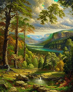 Prompt: Style: A monumental nineteenth-century American Romantic landscape painting inspired by the grand panoramic tradition of the Hudson River School. Luminous realism, masterful atmospheric perspective, refined glazing techniques, dramatic natural light, meticulous botanical detail, majestic wilderness, subtle oil textures, museum-quality fine art, celebrating the sublime beauty of untouched nature. Subject: The colossal giant sequoias of Sequoia National Park dominate the landscape, their