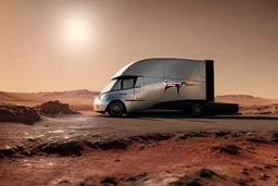 A Tesla 'Semi' (semi truck) is parked, at the Cydonia region on Mars. (CINEMATIC, WIDE ANGLE LENS, PHOTO REAL)