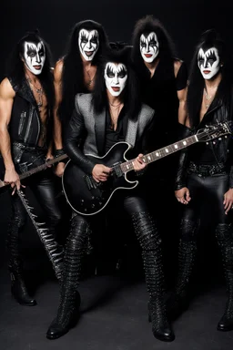 (((12-inch-high Platform Boots::1.5))), an extremely muscular 18-year-old Gene Simmons with (((Kiss Makeup on))), smiling, (((Black lipstickl:1.5))), with (((long, black hair, ((((man bun on top:1.5))))\))), wearing a skintight, formfitting black leather bodysuit and codpiece, with (((spiked metal shoulder and chest armor))) and black cape, (((Bass Guitar shaped like an Ax))), (I Love you Hand sign), Fist pumping, action poses, Leaning against the wall, posing for his picture, holding his cape