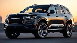 "Create an image of a Chrysler 300C 2024 reimagined as a luxury SUV. It has a bold grille, sleek lines, and a robust, elevated stance. The SUV features large chrome wheels, a wider and taller body, and is finished in deep metallic black with chrome accents. The interior has luxurious leather seats and digital displays, visible through tinted windows. Set the SUV in a modern urban environment at dusk."