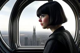 girl wearing black leather, shoulder-length bob, with fringe, in a science fiction building looking out over a large city