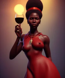 Negra Francisca, beautiful, curvy body, mature African slave, simple red fabric dress, beautiful long black hair, red headband, head and shoulders portrait, holding glass of wine, 8k resolution concept art portrait by Greg Rutkowski, Unreal Engine 5 volumetric lighting