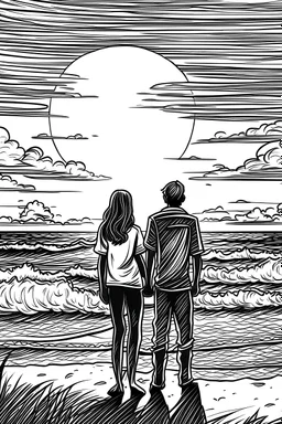couple on the beach looking at the sunset black and white thick outlines for coloring