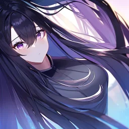 Clear focus,High resolution, Black long straight hair, Long bangs, and purple eyes, Looking down on you, pure black eyes