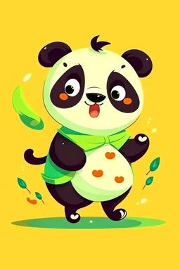 cartoon style: cute little panda dancer. The panda has big eyes and dances happily. The panda has a cute yellow dress.