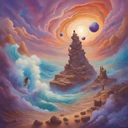 Space ambient, phychodelic colors flying rocks with mermaids with colored crop top sitting on eachone, violet colored clouds around, against a rainbow colored sun, Golden sand whirlwind in a corner , Indonesian atmosphere Popsurrealismo, Trippyart Hyperdetailed and intricate. Expansive splash paint