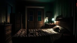 burer in bedroom in night, scary scene