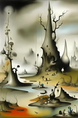 Yves Tanguy, melting steel, decalcomania, rock formations and forms of animals, plants, a primordial-like world, part vegetation, part rock, spooky