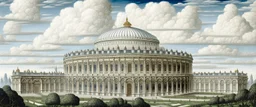 A white cloudy sky with a puffy palace designed in ancient Roman mosaics painted by Alan Sorrell