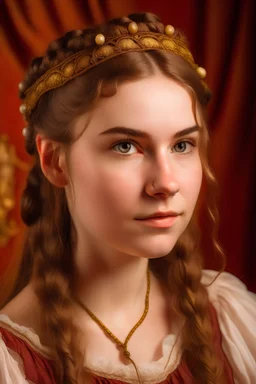 S detailed portrait of a young woman with light brown hair styled in a crown braid and loose strands framing her face. Her warm brown eyes and fair complexion are sprinkled with light freckles. She wears an off-the-shoulder peasant blouse with a red and brown print on a cream background, with a ruffled neckline. The image has a soft, natural lighting that highlights her thoughtful expression.