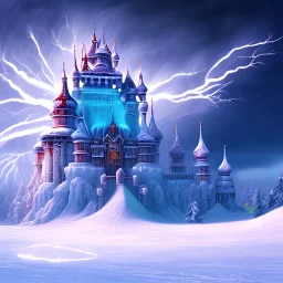 big bat flying in front of exploding ice castle, ski tracks and blue storm clouds and burning lightening