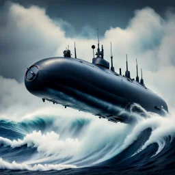 A high altitude submarine jumping over a rogue wave.