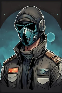 High Quality Science Fiction Character Portrait of an masked bounty hunter in a Bomber Jacket. Illustrated in the Style of the Archer Tv Series.