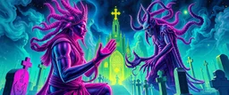 Epic portrait of yoga paladin vs demi-lich in tower cemetery in the style of Giger and Escher in Transparent Psychedelic Fluorescent Colors looking like a Record Cover, multidimensional depth of field, airbrush pen outline, twisted perspective