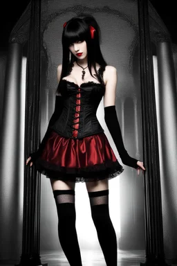 Full-body shot, of slender emo woman, standing, long straight brunette hair with bangs, fair skin, red lips, slender, short skirt, corset, stockings. fantasy background