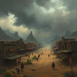 a large wild west town with gloomy skies fantasy art