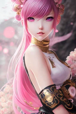 Detailed cute anime Kunoichi girl, pink hair buns, pink bangs, black latex bodysuit, intricate details, full body portrait, keep head in frame, slight smile, black Japanese motif, concept art, highly detailed, digital painting, concept art, sharp focus, illustration, art by Yoji Shinkawa, WLOP and greg rutkowski and alphonse mucha and artgerm and yanjun Chen and Junji ito and Makoto Shinkai, HDR, octane render