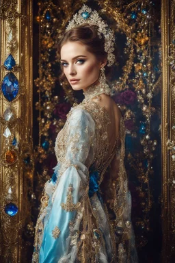 Gorgeous photography half body Beautiful super model Russian dressing Luxury gown Victorian colorful art conceptual, amazing artwork,close-up portrait,crystal ornaments background