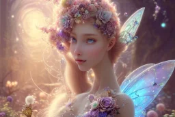 one very little beautiful fairy on a big crystal subtle flower in a galactic ambiance, transparent petals, delicate colors, in the foreground, full of details, smooth, bright sunshine，soft light atmosphere, light effect，vaporwave colorful, concept art, smooth, extremely sharp detail, finely tuned detail, ultra high definition, 8 k, unreal engine 5, ultra sharp focus