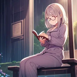 anime girl sitting on a porch swing of an old house, journaling, wearing pajamas, writing in a book, shes watching it rain, more detail on hands and her face,shes deep in her thoughts, wearing glasses, rain drops, she has a pencil in her hand and is writning in the book, she is looking down at what she is writing