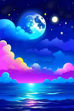 sky colored purple blue and pink and white , ocean , white moon , yellow stars