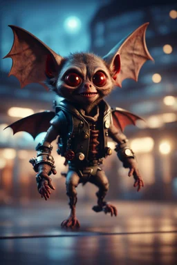 glowing vampire bat gremlin official doctor hippie in the evening, hovering with glowing jets from rocket backpack over hospital, in the style of a fallout 4,bokeh like f/0.8, tilt-shift lens 8k, high detail, smooth render, down-light, unreal engine, prize winning