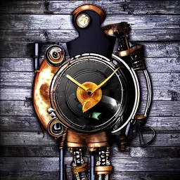 android one man band, full moon background center large, steampunk style,