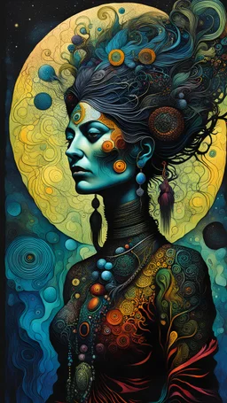 Max Ernst surrealist full body portrait alcohol ink illustration of a female ayahuasca shaman with intricately detailed hair and facial features, traversing the multiverse of transformative and expanded consciousness, blurring the boundaries between mortal and immortal, sharply defined and detailed, 4k in dark moody natural colors