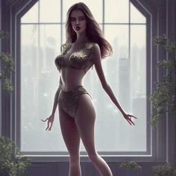 beautiful girl with very nice fashion clothing ,pretty high heels,standing next to window in a luxury room in a modern city posing to camera,full body show, 8k resolution concept art portrait hyperdetailed intricately detailed Splash art trending on Artstation triadic fullbody portrait paint,