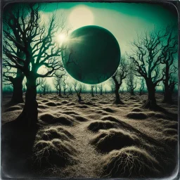 Close-up polaroid of a creepy surreal landscape, monsters, eerie, Max Ernst style, very surreal, trees, spooky, metaphysical objects, giant sun, intricate, thoughtful, appalling, deep 3d field, 8k, hypermaximalist