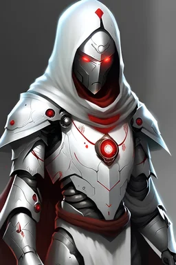 Female Warforged robotic cleric, with round red glowing eyes, cloak, wearing white procelain armor, medieval style, dungeons and dragons